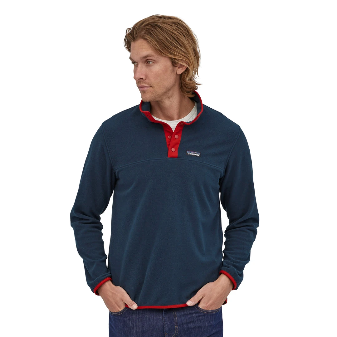 Patagonia Men's Micro D® Snap-T® Fleece Pullover - New Navy with Classic Red | Warm & Stylish Sweaters 1 Patagonia M's Micro D® Snap-T® Fleece Pullover - New Navy W/Classic Red Sweaters