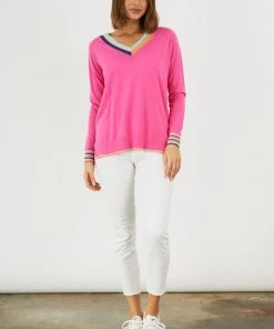 Zaket & Plover WOMENS W's Stripe V Sweater - Hot Pink